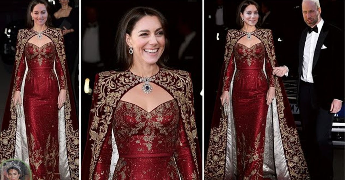 Princess Catherine Dazzles in Crimson Cape Gown and Queen's Jewelry Set at Windsor Castle State Banquet 😱💖